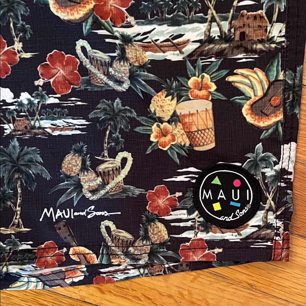 MAUI AND SONS Y2K Retro Black Tropical Print Men's Summer Holiday Swim Trunks - Picture 5 of 15